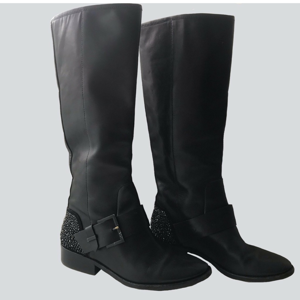 Brian Atwood Black Leather Knee-High Boots With Buckle Detail, Size 9.